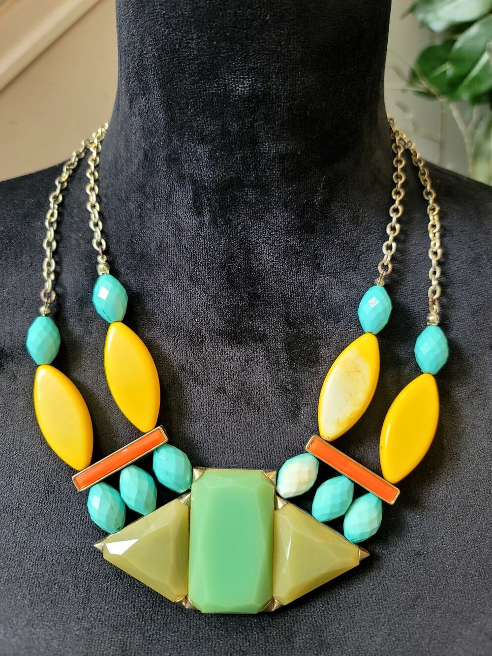 Chunky Colorful Geometric Statement Necklace Turquoise Yellow Green Orange Boho